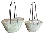 Ideal como Bolso o Bandolera Capazo de Palma con asas larga de cuero, cierre con cremallera. Cesto o Bolso de mimbre para la playa, fibras naturales (9V, aprox. 48x30 cm)