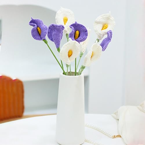 URPIZY Bouquet de fleurs de lys calla fait à la main en fil de coton violet et blanc, décoration d'intérieur robuste, facile d'entretien