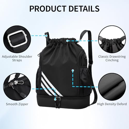 Vexnaro Bolsa de Gimnasio, Bolsa de Deporte con Cordón, Deporte Impermeable Bolsa, Mochila de Natación, Mochila de Baloncesto para Gym,Deportes, Fútbol, Viajes (Negro) - imagen 3