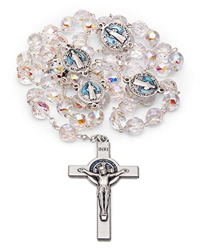 Mondo Cattolico Rosary Beads catholic for Women and Men from Vatican, Saint Benedict Faceted Crystal Five Decades Beads Traditional Rosary - Perfect Catholic gifts