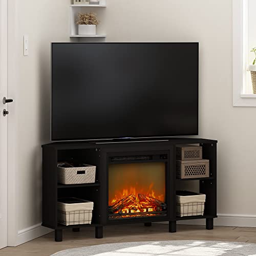 Image of Furinno Jensen Corner Fireplace TV Stand with 4 Open Compartments for TV up to 55 Inches, Americano