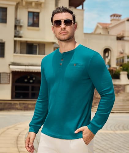 PRIVIMIX Mens Waffle Henley Long Sleeve Cotton Casual T-Shirt Fashion Three Button Pullover with Pocket3