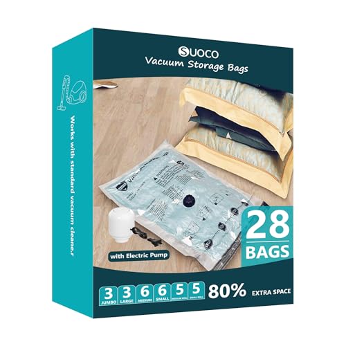 Travel Vacuum Storage Bags with Electric Pump, Space Saver Seal Compression Packing Bags for Clothing Bedding Comforters Blankets Pillows Clothes, 28 Combo