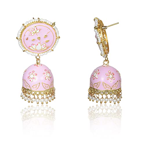 Image of Nilu's Collection Meenakari Dome Shape Jhumka Earrings with Lotus engraved and pearl Beaded Top