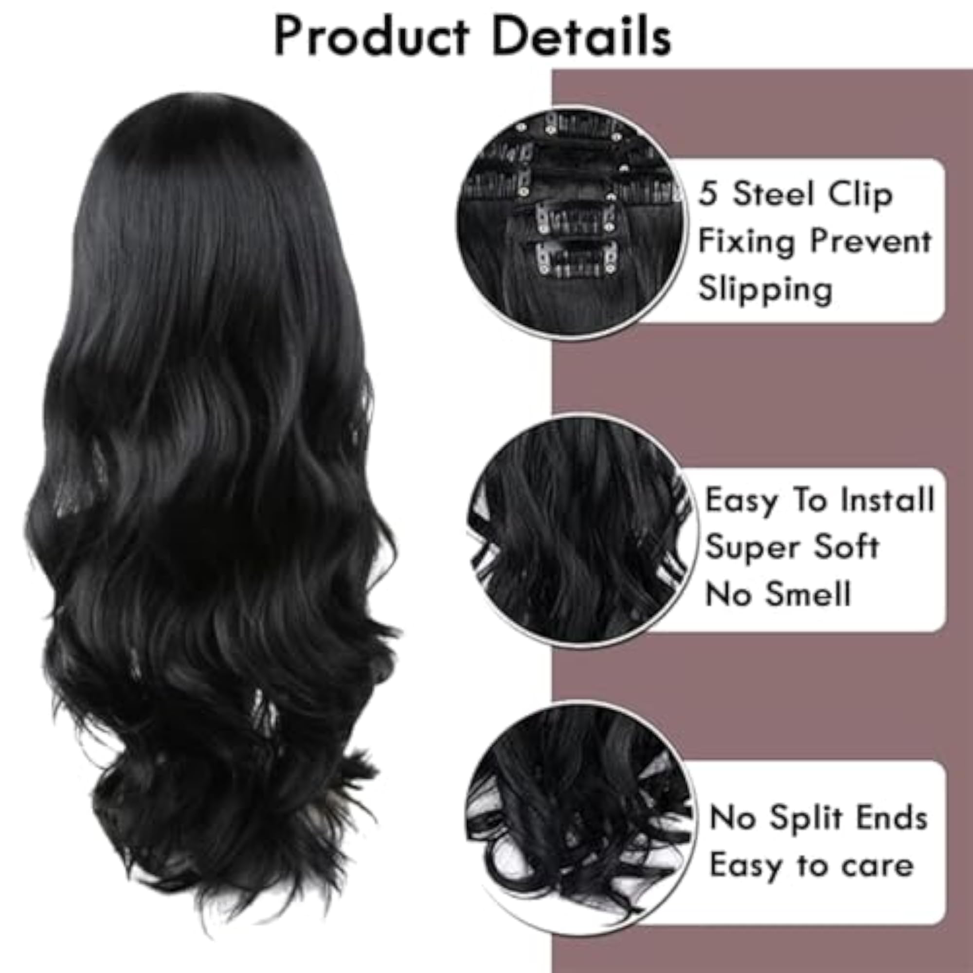 5 Clips 24 Inch Black Curly/Wavy Hair Extensions and Wigs