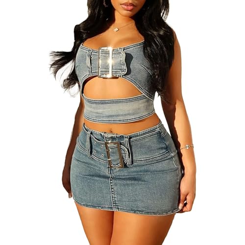 Sexy Denim 2 Piece Outfits for Women Sleeveless Back Zipper