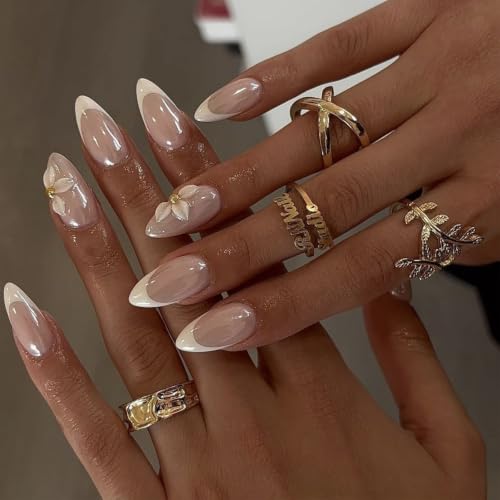Image of White French Tip Press on Nails Flower Fake Nails Almond Nails Press ons | Chrome False Nails with Design Reusable Glossy Full Cover 3D Floral Stick on Nails for Women Nails DIY Decoration 24Pcs
