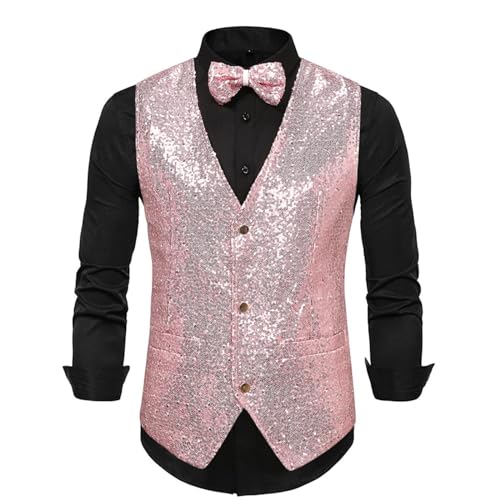 Foweknow Gilet de costume à paillettes pour homme - Tenue disco des années 70 et 80 - Gilet métallique brillant - Costume de carnaval - Pour mariage, fête, bal de fin d'année, spectacle sur scène,