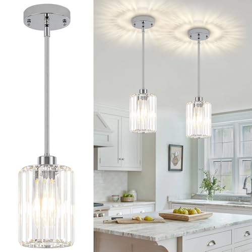 ZSMIHDOH Chrome Pendant Lights,2 Pack Crystal Pendant Lighting for Kitchen Island, Modern Mini Kitchen Chandeliers Hanging Pendant Lights for Bedroom Dining Room Hallway
