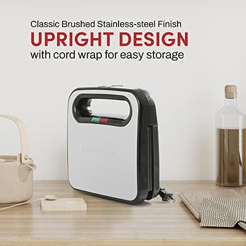 Panini Maker with locking latch engaged, showing its upright storage position.
