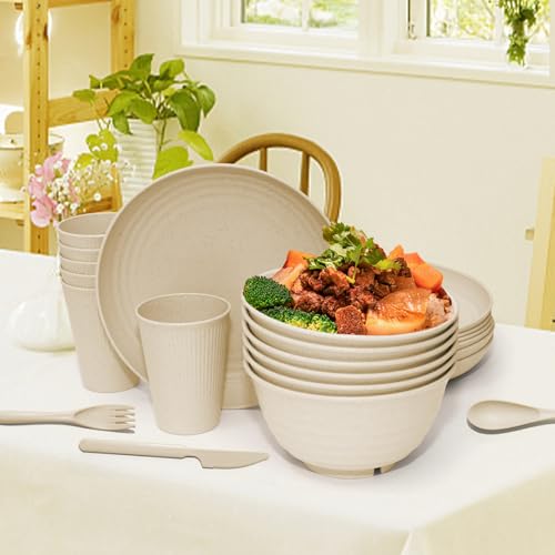 SHECIPIN 42-Piece Wheat Straw Dinnerware Set, Large Round Plates, Bowls and Cups, Unbreakable dish set, Dishwasher and Microwave Safe, Outdoor Dishes (Beige) by SHECIPIN - Used condition - Image 8