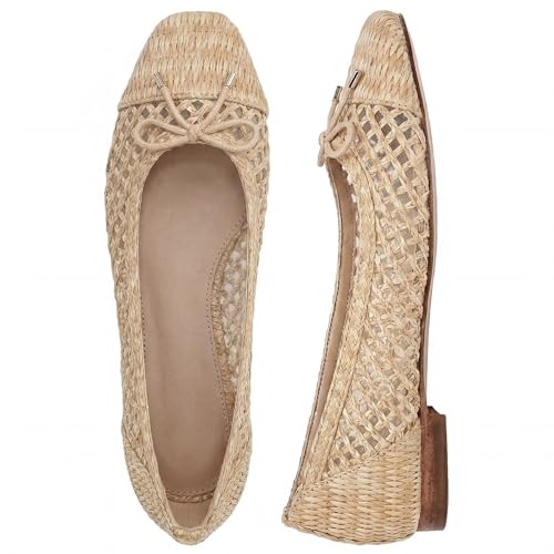 Tasteall Woven Ballet Flats Shoes for Women Raffia Square Toe Dress Shoes with Bow Comfortable Slip on Flats Apricot Size 7.5