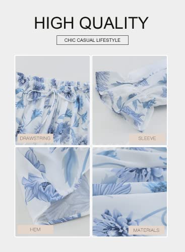 Blencot Women's 3/4 Ruffle Sleeve Off Shoulder Chiffon Blouse Summer Floral Print Casual T Shirts Sky Blue M #TOP2