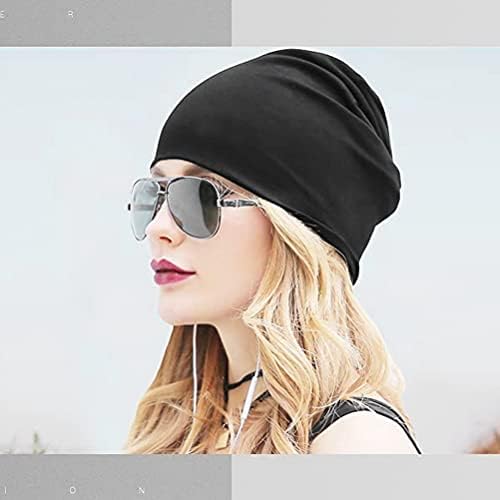 kuou Satin Lined Beanie, Silk Beanie Sleep Cap Hair Cover Bonnet Slouchy Beanie Night Sleeping Hat Adjustable for Curly Black Hair (Black), One Size