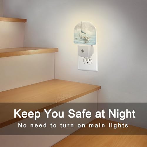 Image of Blue Sailboat in Harbor Night Light Plug into Wall, Boat Ocean Oil Painting Dusk to Dawn Night Light Plug in,0.5w Energy Saving Sleep Friendly NightLight for Kids Boys Girls Home Decor