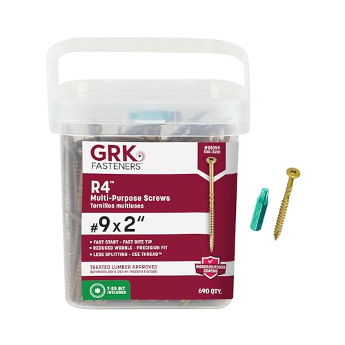 GRK Fasteners R4™ #9 x 2 Inch, Multi-Purpose Framing Screws, 690 PCS, Rust Resistant Climatek™ Coating, Outdoor Fencing and Deck Screws, Fast Bite Tip, Star Drive Recess, T-25 Bit Included, Gold
