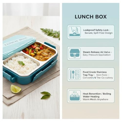 Image of Insulated Stainless Steel Lunch Box with Textured Lid | 3 Compartments | 525ml | BPA Free | Leakproof | Microwave Safe Without Lid | Bento Tiffin Box for Office School Travel (Dark Teal, 2)