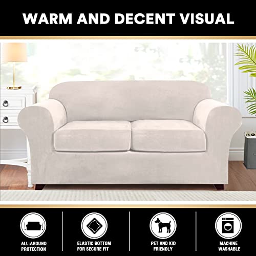 3 Pieces Sofa Covers Stretch Velvet Couch Covers For 2 Cushion Sofa Slipcovers Soft Sofa Slip Covers Furniture Covers With 2 Individual Seat Cushion Covers, Machine Washable (Medium, Ivory) #TOP5