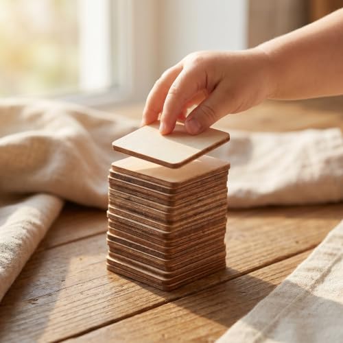 WOFASHPURET 200pcs Unfinished Wood Squares for DIY Crafts and 3D Greeting Cards, Consistent Thickness Rustic Wooden Square Pieces Easy Storage, Beige Wood Cutouts for Painting and Home - Image 7