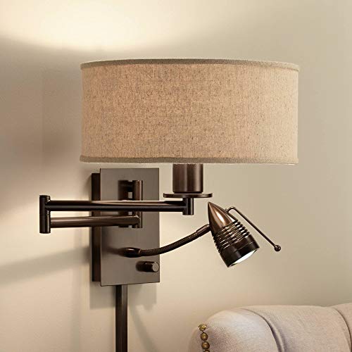Possini Euro Design Radix Modern Swing Arm Adjustable Wall Lamp With Cord Led Bronze Plug-In Light Fixture Oatmeal Fabric Drum Shade Bedroom Bedside House Reading Living Room Home Hallway Dining #TOP9