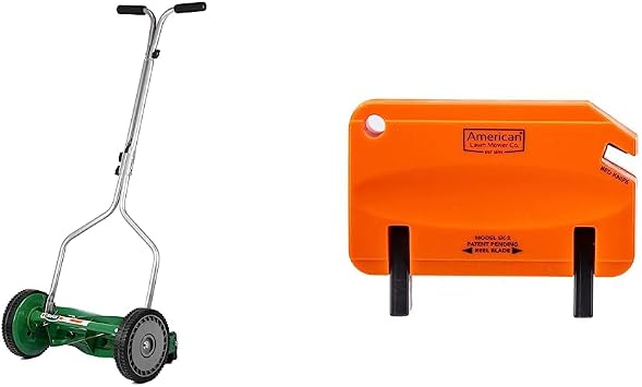 Scotts Outdoor Power Tools 304-14S 14-Inch 5-Blade Push Reel Lawn Mower, Green & American Lawn Mower Co. SK-2 Reel Lawn Mower Hand Sharpener, Orange