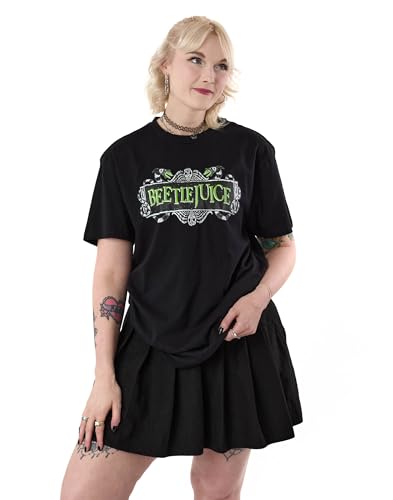 BEETLEJUICE Unisex Black Graphic Tee | Logo Short Sleeve T-Shirt | Crew Neck Casual Movie Apparel | Retro Show Top for Casual Outings