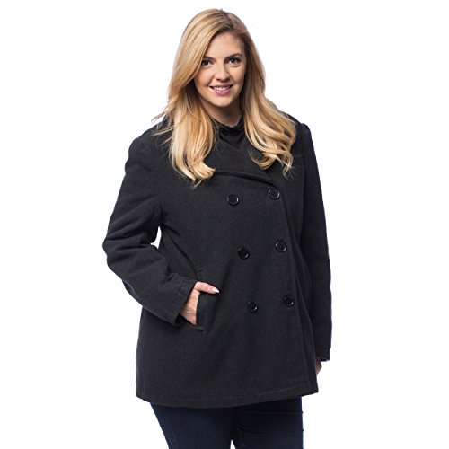 Excelled Women's Plus Size Classic Pea Coat, Charcoal, 3X-Large