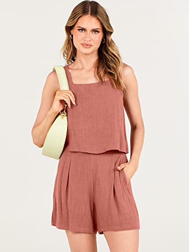 Anrabess Womens Two Piece Outfits Linen Square Neck Crop Short Set Lounge Matching Sets 2023 Trendy Clothes Summer Vacation Set For Beach Vacation Resort 997Xiuhong-S #TOP7