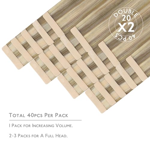 Image of WENNALIFE Tape in Hair Extensions Human Hair, 40pcs 100g 16 inch Ash Brown with Platinum Blonde Highlights Hair Extensions Real Human Hair Straight Tape in Extensions Invisible Human Hair Extensions