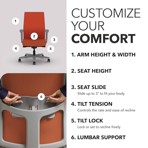 Image of HON Ignition 2.0 Mid‑Back Ergonomic Office Chair, Mesh Task Seating with Lumbar Support, Advanced Synchro‑Tilt, Height and Width Adjustable Arms, Titanium Frame, Salamander