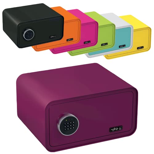 mySafe 430 Code caja fuerte electrónica con cerradura de combinación 23 x 43 x 35 cm, caja fuerte para muebles, doble perno de acero, alarma y llave de emergencia, montaje en pared, lila