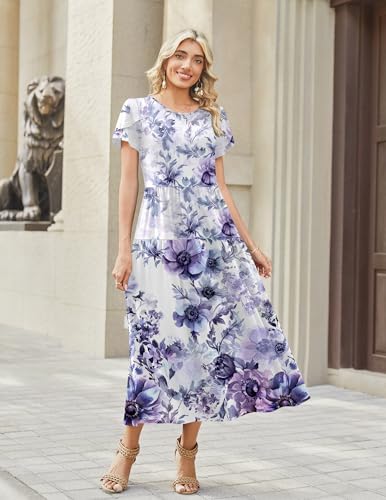 Image of Zeagoo Summer Dresses for Women 2026 Maxi Bohemian Floral Short Sleeve Long Dress Casual Flowy Tired Beach Sundress