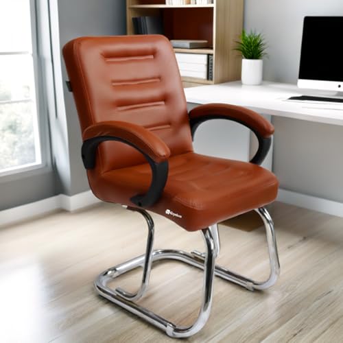 Image of Executive Office Chair Home Study Chair with arm Rest and Cushioned seat Back (1, Brown, Double Pipe Chrome Frame)