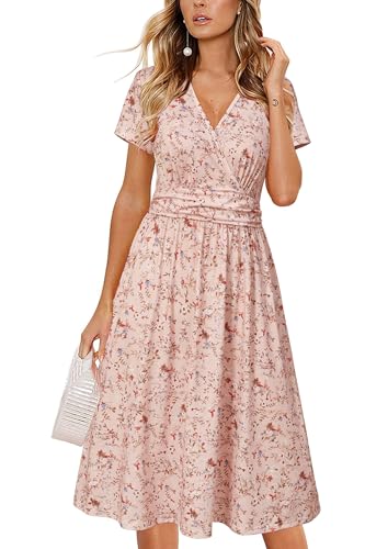 Image of OUGES Casual Summer Dress for Women Wrap V Neck A Line Midi Dresses with Pockets