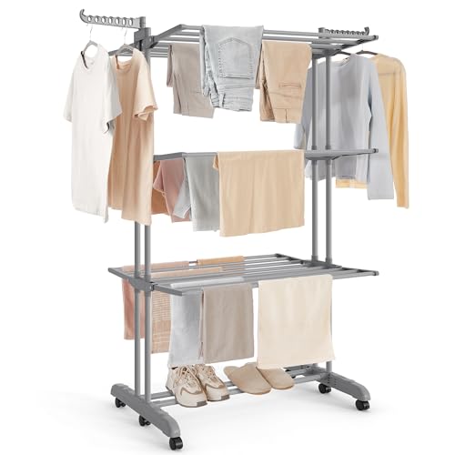 SONGMICS Étendoir à Linge, Séchoir Mobile à 4 Niveaux, avec roulettes, Pliable, 63,5 x 125,5 x 173 cm, Grande Capacité, Utilisation Intérieure et Extérieure, Gris Tourterelle LLR703G01