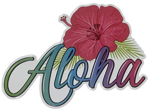 Aloha Designs - Aloha Hawaii Hibiscus Magnet with Colorful Embossed Letters | Decorative Hawaiian Decor with Island Vibe for Home, Office, Bar, Tiki Bar, Laua & Restaurant | Hawaii Magnet 5 x 4 inch