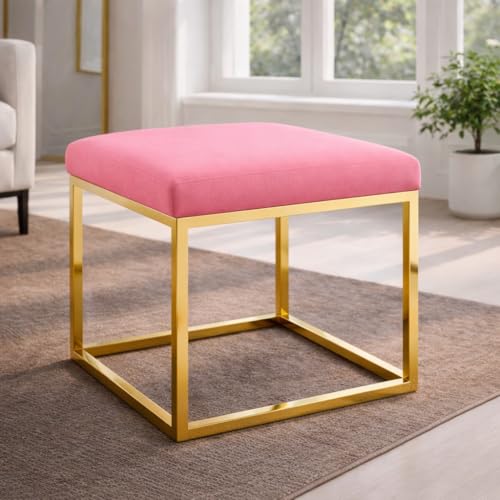 Image of Square Metal Ottoman /Sitting Stool /Living Room Furniture /Office, Velvet Footstool /Footrest Pouffes Home Decor (Set of 2 Pink) - 30.48 Cm, 38 Cm