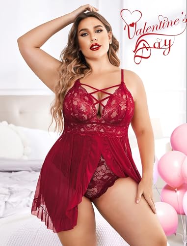 Image of SSoShHub Women's Plus Size Lingerie Beautiful Babydoll Snap Crotch Lace Chemise Ruffles Nightwear Bodysuit with Babydoll