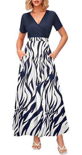 Image of WNEEDU Women's Summer Maxi Dress Short Sleeves Wrap V Neck Long Dresses with Pockets