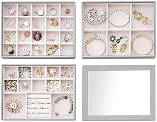 Vlando Jewellery Organiser Tray with Glass Lid, Set of 3 Medium Stackable Display Trays Storage for Earring Ring Necklace Watches for Mother Women Girls (Grey)