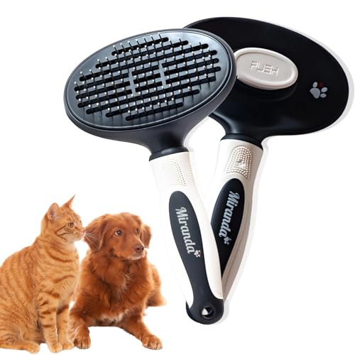 Spazzola Pelo Lungo per Cani e Gatti – Autopulente con un Clic, Rimuove Nodi e Peli Morti, Ideale per Maine Coon, Persiani, Golden Retriever – by Miranda
