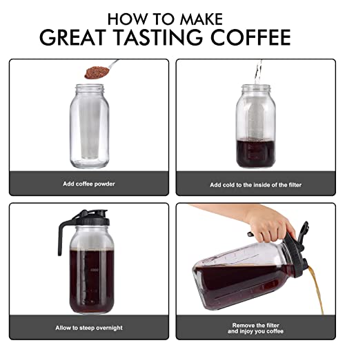 Cafeteira gelada Cold Brew Mason, vidro durável, 1,9 litro, com alça e filtro de aço inoxidável para