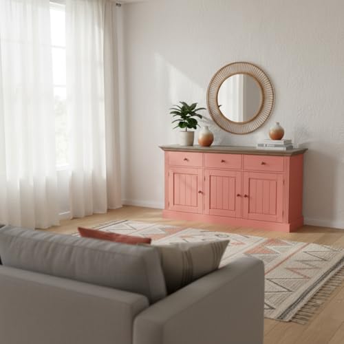 Image of APRODZ Solid Wood Alegre Sideboard Storage Cabinet for Living Room | Light Coral Pink Red