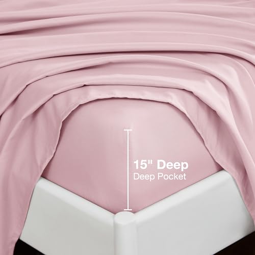 Image of Softan Microfiber Queen Sheet Set with Non-Slip Corner Straps, Pink | 15 inch Deep Pocket Fitted Bed Sheets, Double Brushed Microfiber, Cozy Sheets & Pillowcase for All Season