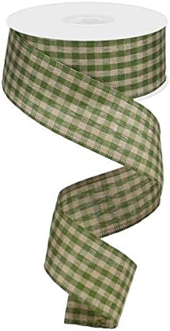 Primitive Gingham Check Wired Edge Ribbon, 10 Yards (Moss Green, Tan, 1.5")