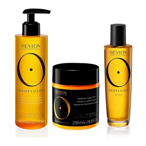 REVLON PROFESSIONAL Orofluido Rutina Champú Hidratante 240 ml, Mascarilla Nutritiva 250 ml, Elixir con Aceite de Argán 100 ml- Limpieza Suave, Reparación, Brillo y Suavidad para Todo Tipo de Cabello