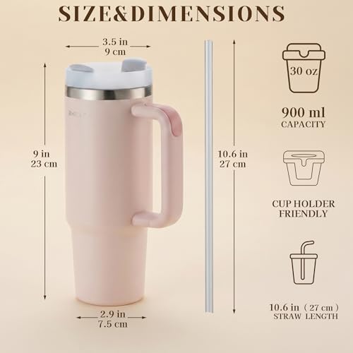 Image of AXEON Stainless Steel Tumbler with Handle & Straw - 900ml | Double Wall Vacuum, Reusable & Leak-Proof Stanley Sipper | Travel Coffee & Cold Drink Cup for Gym, Office & Travel, Rose Colour