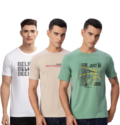 Image of ADRO 100% Cotton Lycra Tshirts for Men Combo Pack of 3 | Regular Fit | Printed T Shirt | Round Neck Half Sleeve| Mens Tshirts