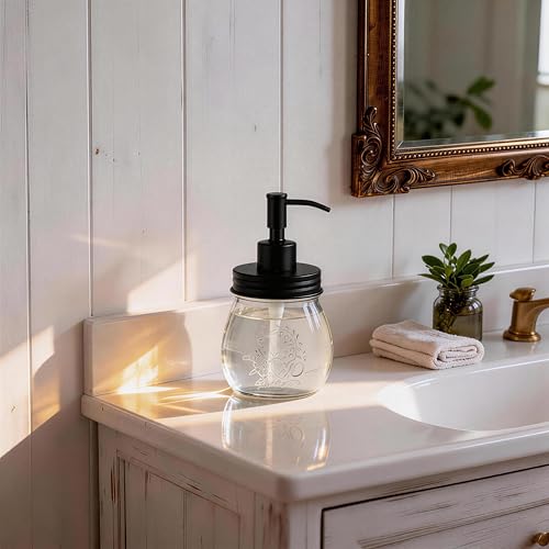 Image of Amolliar Mason Jar Liquid Soap Dispenser Pump, Rust Proof Stainless Steel Lid, Cute Farmhouse Decor for Kitchen, Bathroom, Refill Liquid Soap Pump for Hand Soap, Dish Soap, Lotion Soap, Black 2 Pack