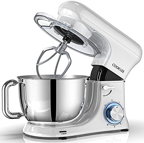 All-Metal COOKLEE Stand Mixer, 6.5Qt Kitchen Electric Mixer with Dishwasher-Safe Dough Hooks, Flat Beaters, Whisk & Pouring Shield Attachments for Most Home Cooks, Porcelain White